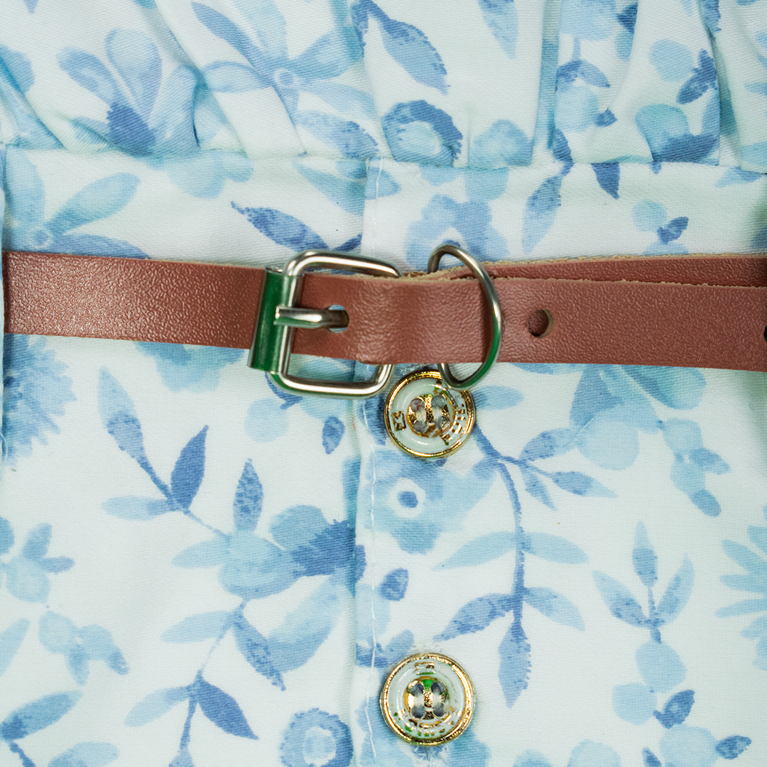 Mammason Floral Ruffle-Sleeve Baby Girl Dress with Belt β Sky Blue & White