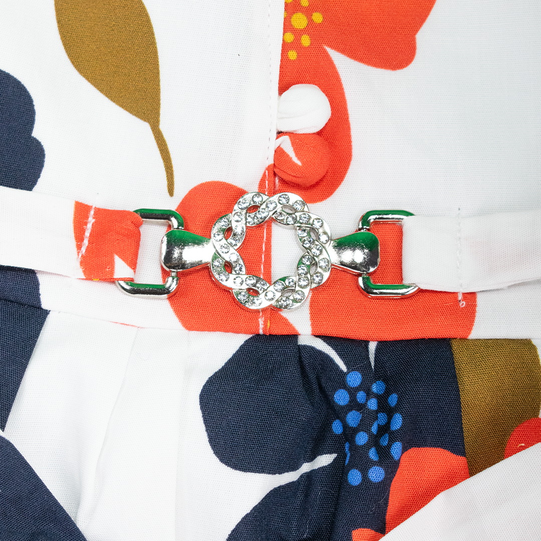 Mammson Girls’ White & orange, blue Floral Cotton Frock – Sleeveless Party Wear