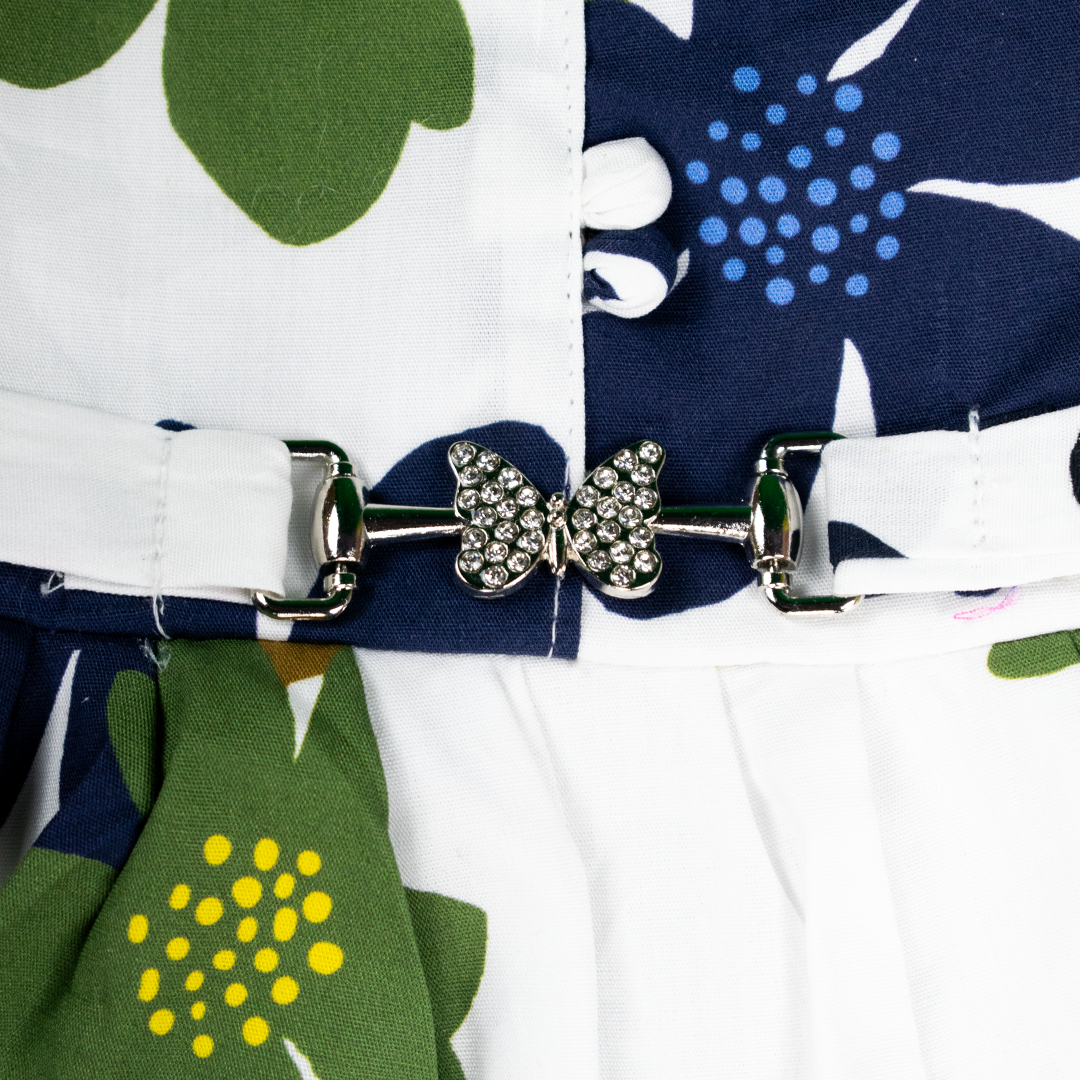 Mammason Girls’ White & Green Floral Cotton Frock – Sleeveless Party Wear