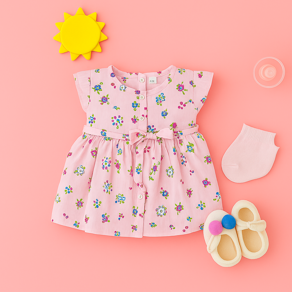 Mammason Pink Striped Baby Frock dress with Floral Print
