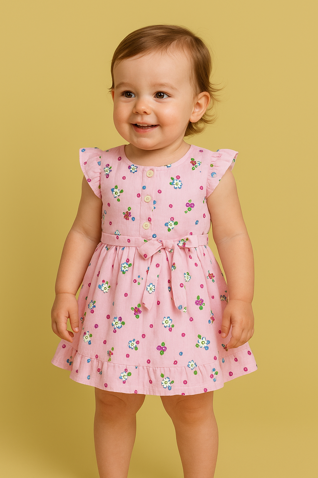 Mammason Pink Striped Baby Frock dress with Floral Print