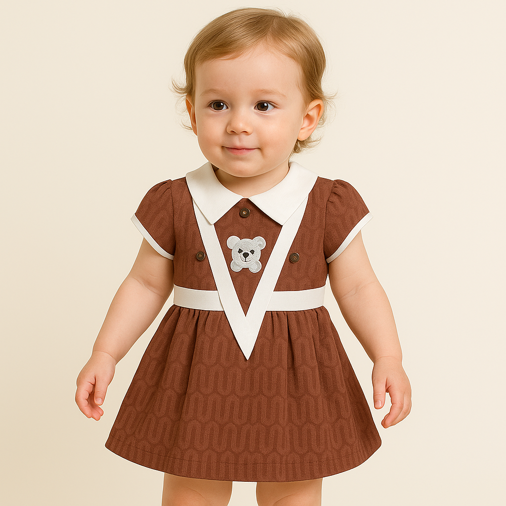 Mammason Teddy-Inspired Brown Baby Dress with White Collar