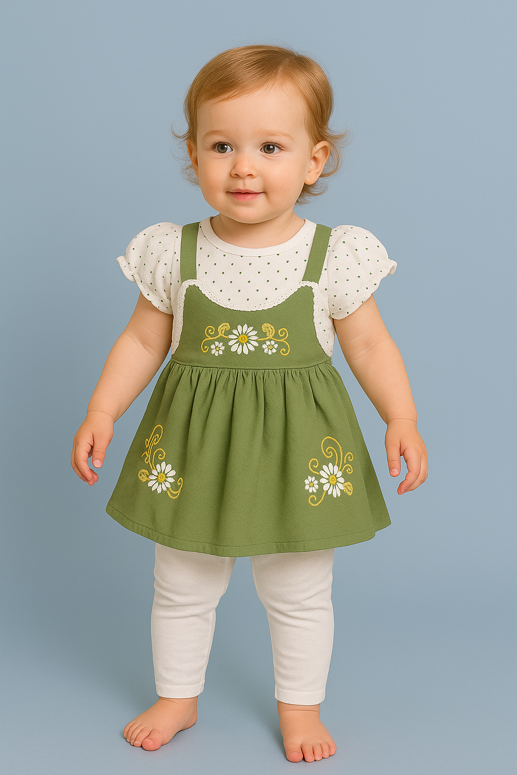 Mammson Floral Embroidered Green Frock & White Leggings Baby Girl Set