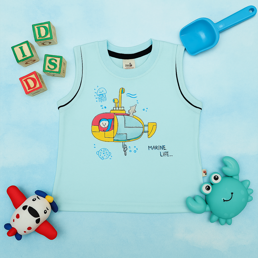 Mammason Marine Adventure Sleeveless Set for Kids – Submarine & Sea Life Print