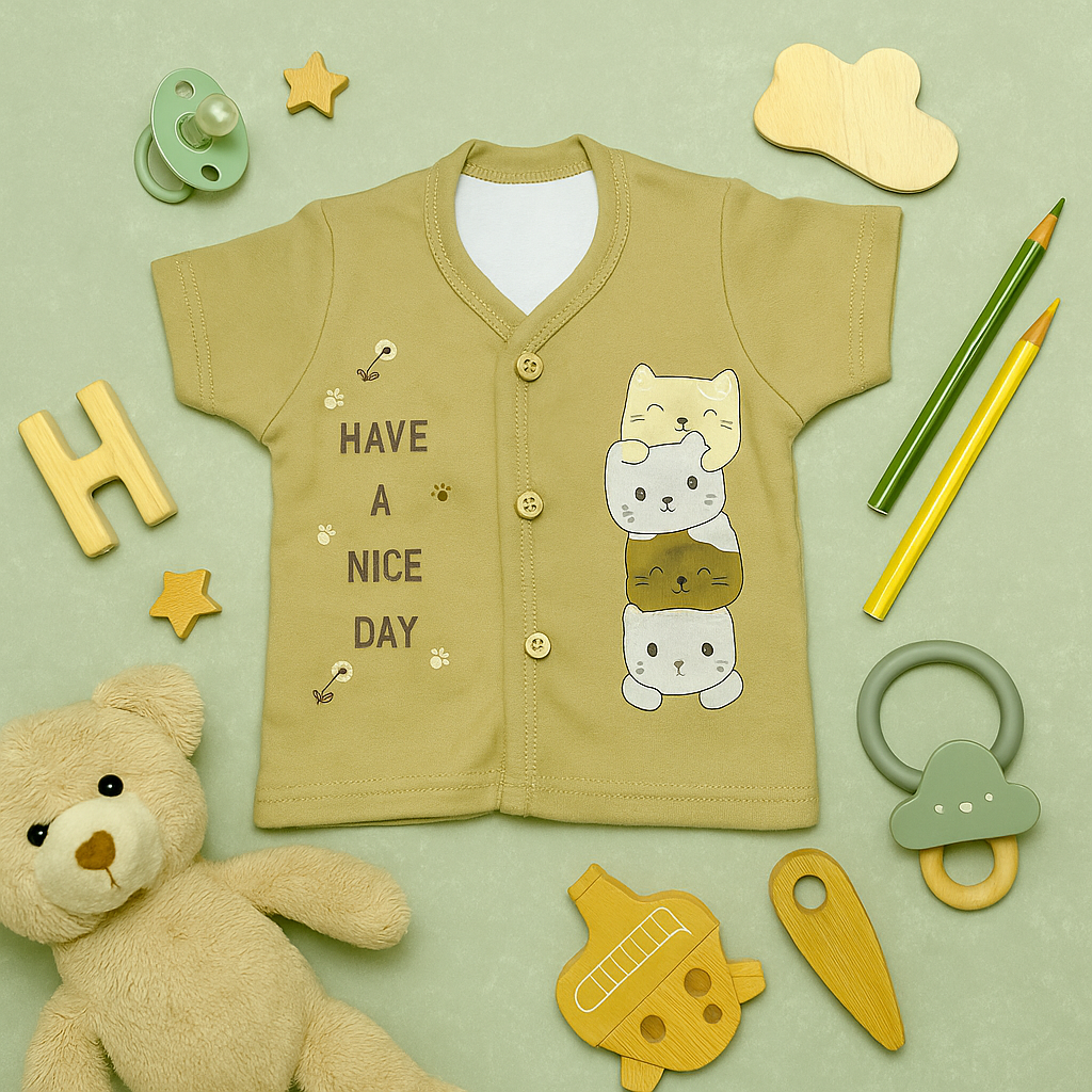 Mammason Cute Beige Baby T-Shirt with black shorts.