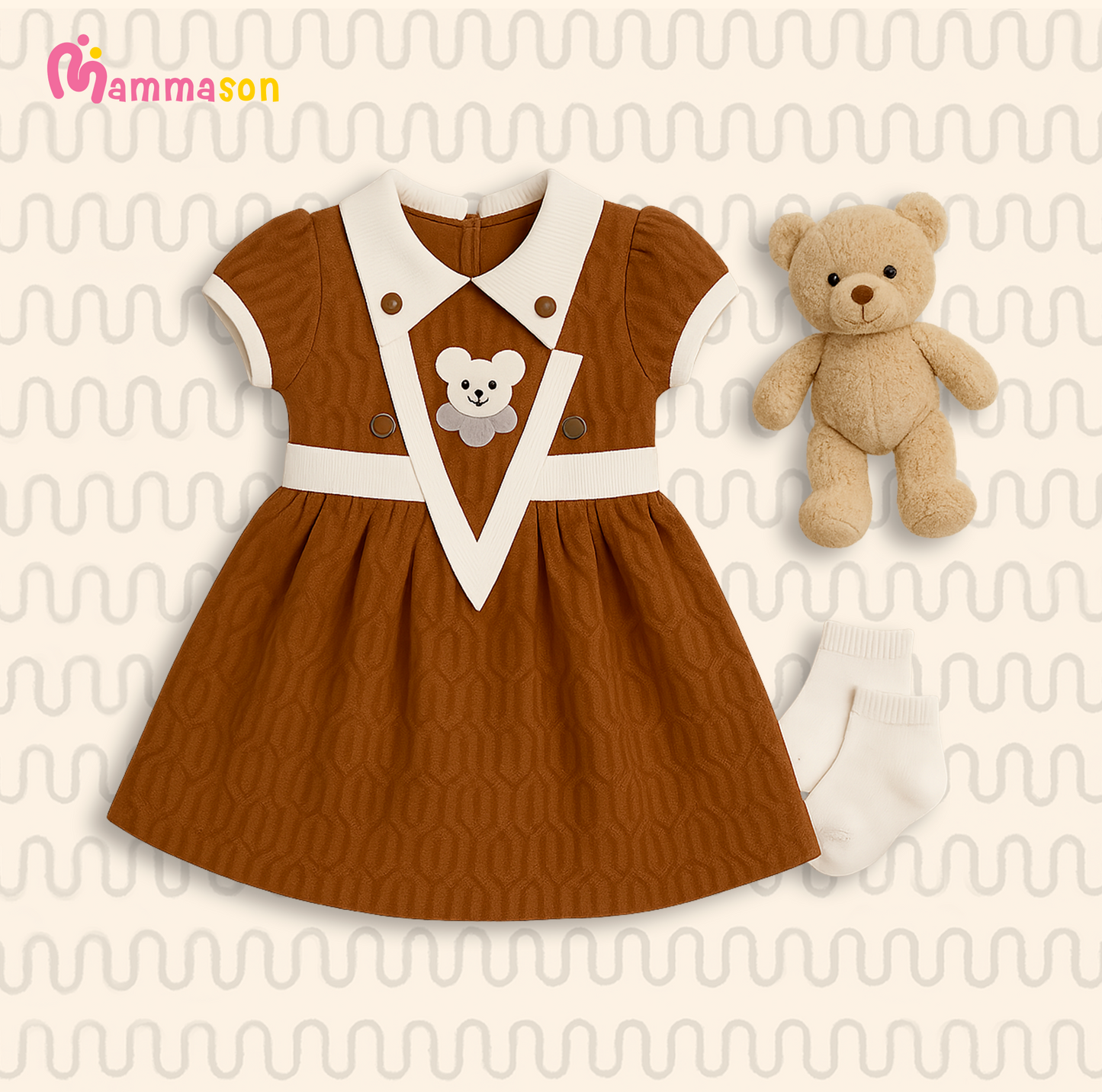 Mammason Teddy-Inspired Brown Baby Dress with White Collar