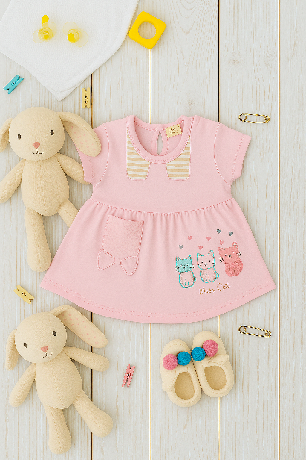 Mammason Cute Cats Baby Frock & Bloomer Set- pink