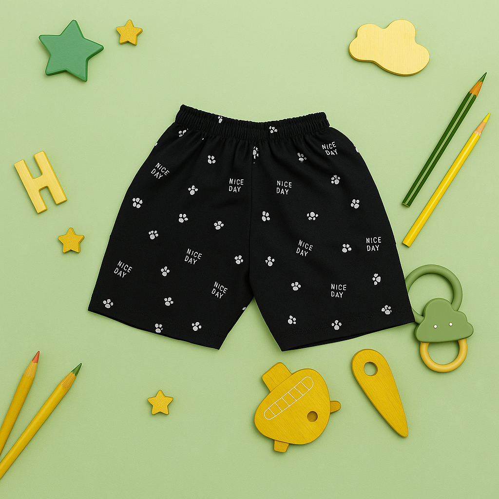 Mammason Cute Beige Baby T-Shirt with black shorts.