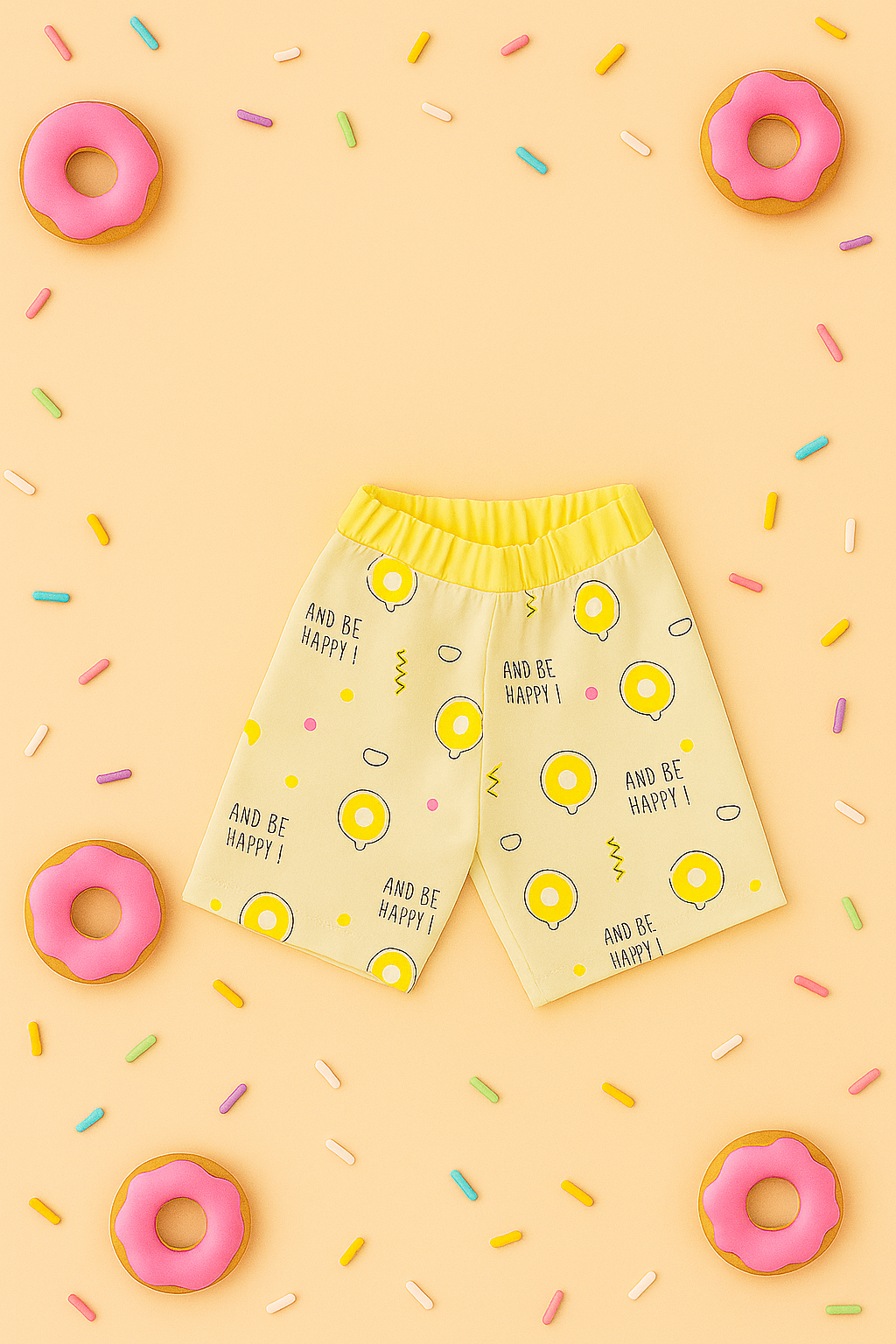 Mammason Yellow “Donut Worry” Baby Co-ord Set – Fun Printed T-Shirt & Shorts