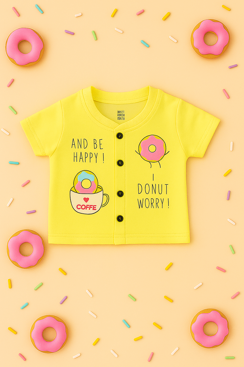 Mammason Yellow “Donut Worry” Baby Co-ord Set – Fun Printed T-Shirt & Shorts