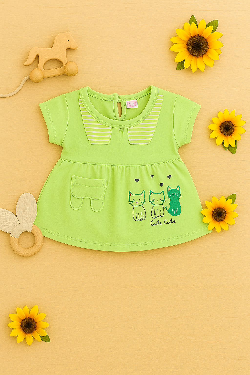 Mammason Cute Cats Baby Girl Frock & Bloomer Set – Light Green