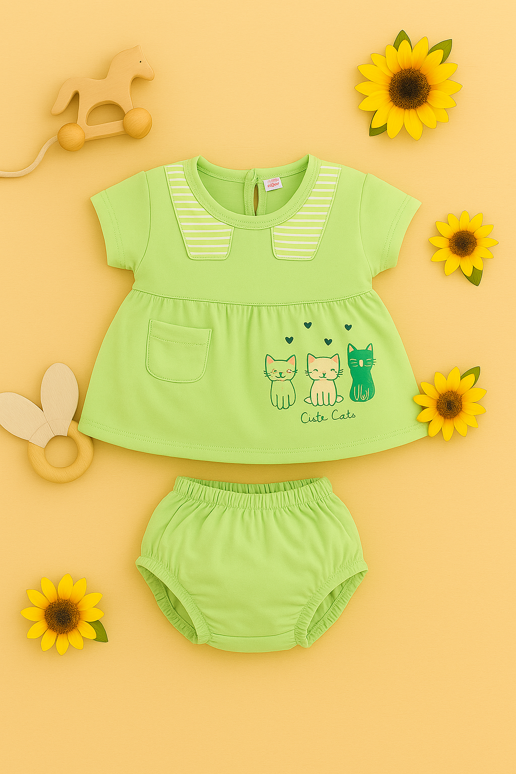 Mammason Cute Cats Baby Girl Frock & Bloomer Set – Light Green
