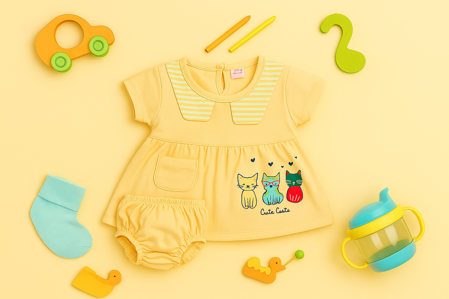 Mammason Cute Cats Baby Frock & Bloomer Set Summer Cotton Outfit