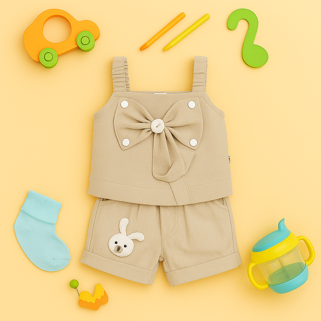 Mammason Beige Baby Girl Summer Co-Ord Set with Bow & Bunny Patch