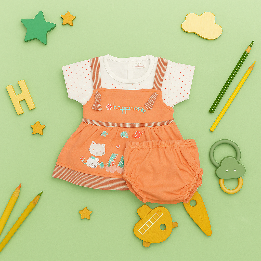 Mammason Peachy Pals Baby Frock – Happiness Kitty Print Dress