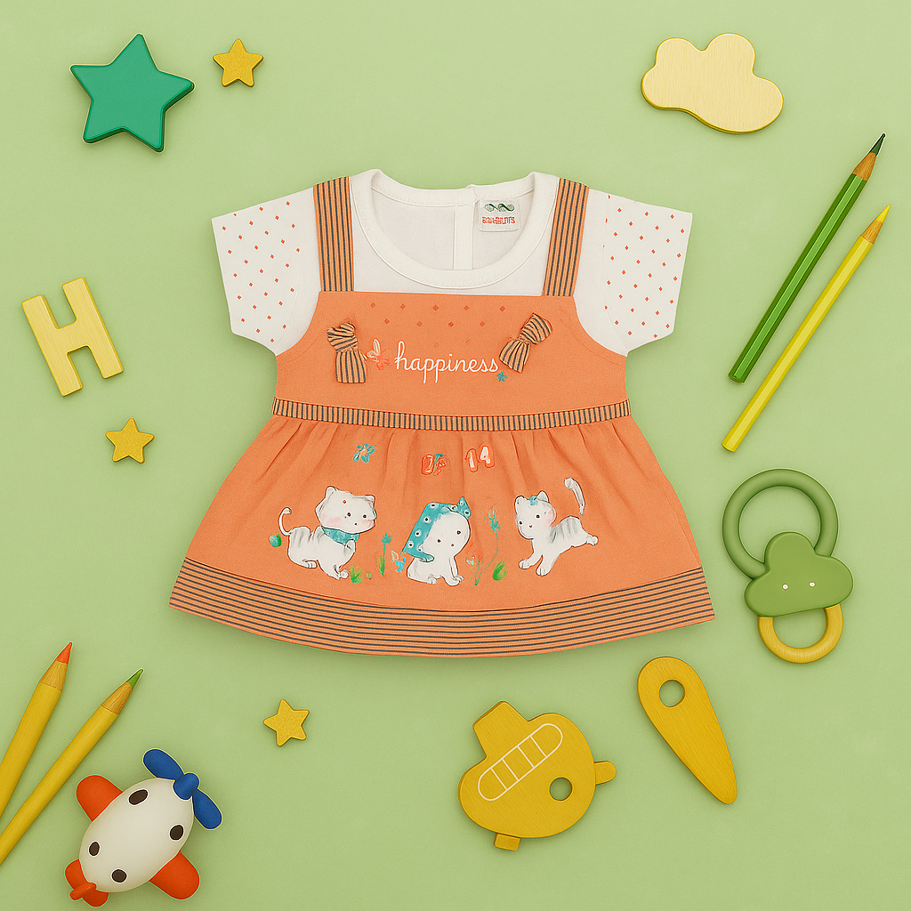 Mammason Peachy Pals Baby Frock – Happiness Kitty Print Dress