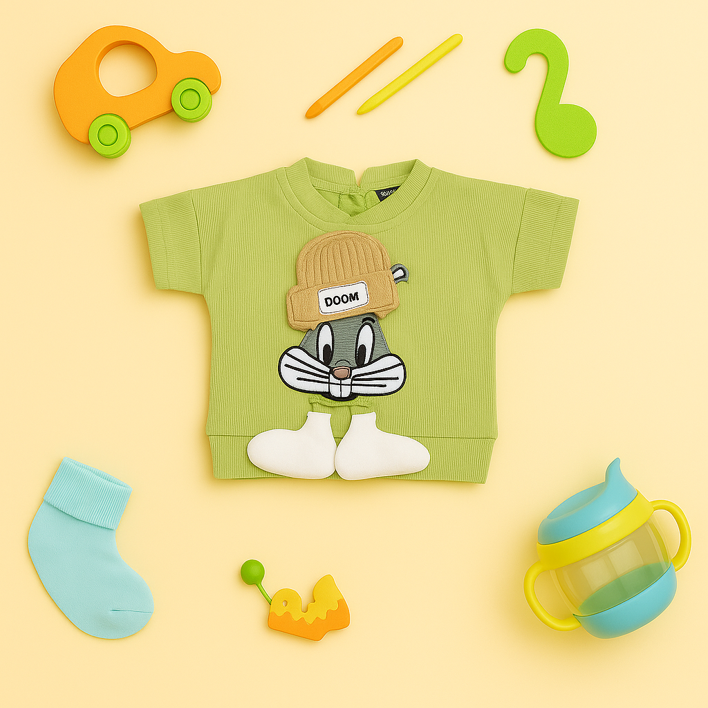 Mammason Cool Cartoon Bunny T-Shirt & Denim Shorts Set for Kids – Urban Play Edition