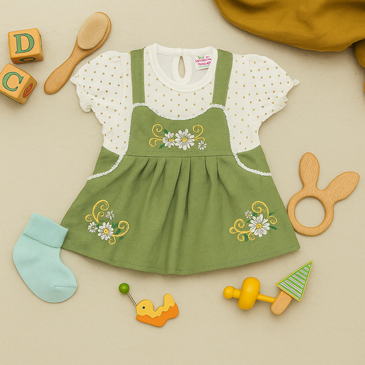 Mammson Floral Embroidered Green Frock & White Leggings Baby Girl Set