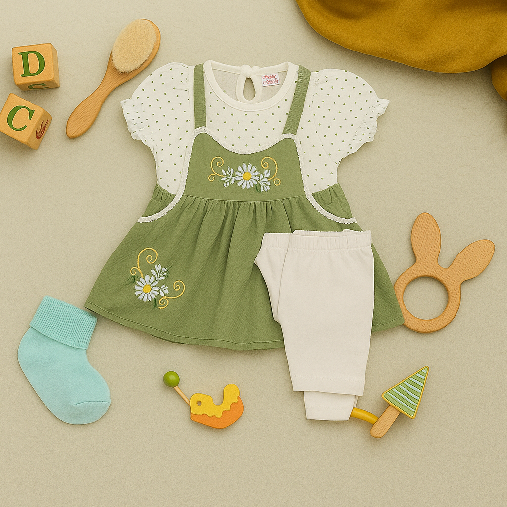 Mammson Floral Embroidered Green Frock & White Leggings Baby Girl Set