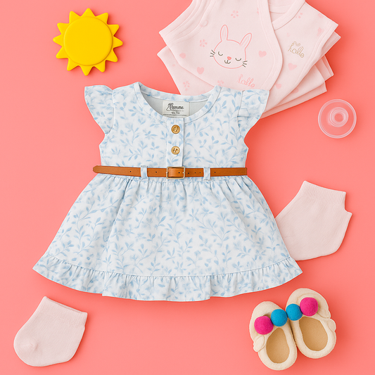 Mammason Floral Ruffle-Sleeve Baby Girl Dress with Belt – Sky Blue & White