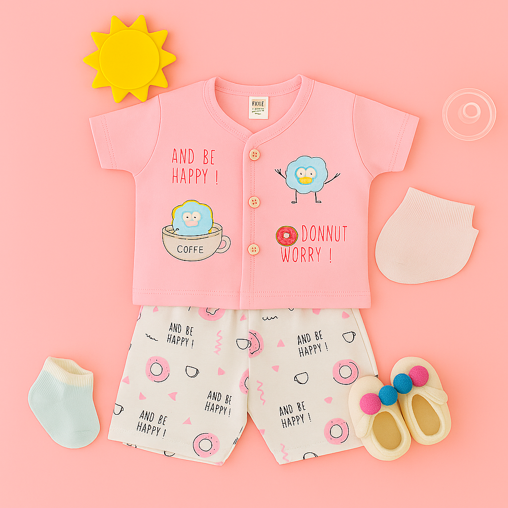 Mammason "Pink Donut Print Cotton Baby T-Shirt and Shorts Set