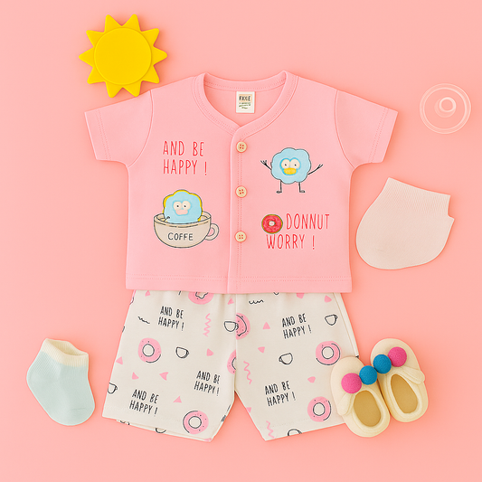 Mammason "Pink Donut Print Cotton Baby T-Shirt and Shorts Set