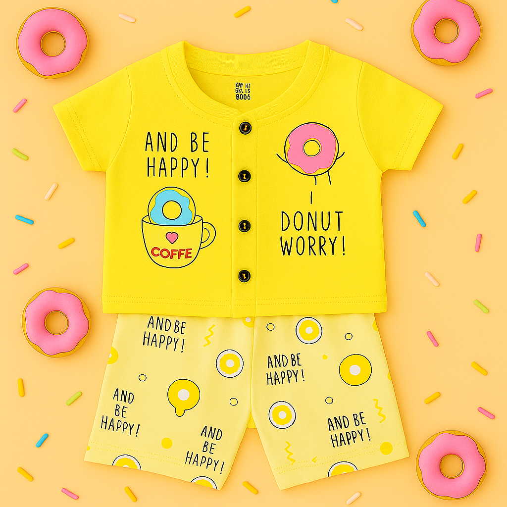 Mammason Yellow “Donut Worry” Baby Co-ord Set – Fun Printed T-Shirt & Shorts