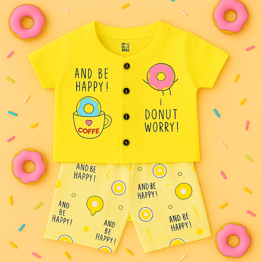 Mammason Yellow “Donut Worry” Baby Co-ord Set – Fun Printed T-Shirt & Shorts