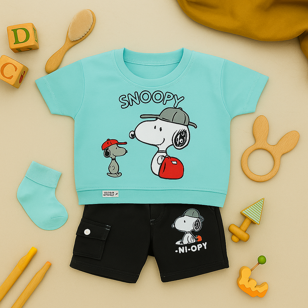 Mammason Snoopy Cool Buddies T-Shirt & Shorts Set – Mint Blue & Black Combo