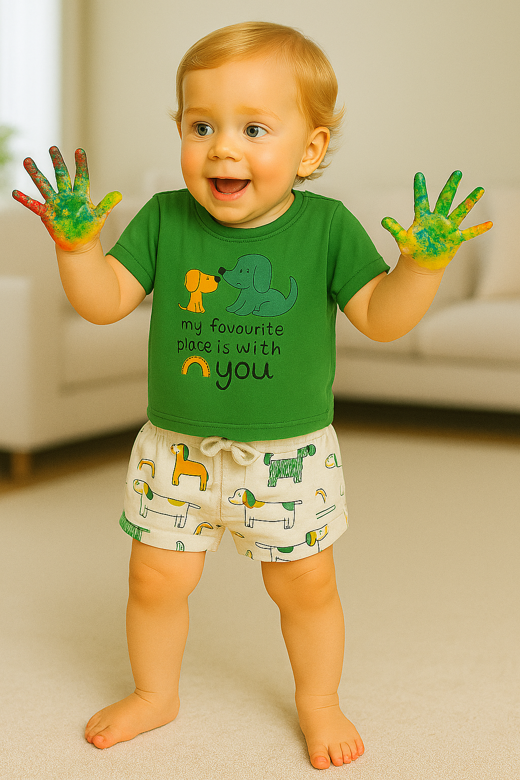 Mammason Dog Print T-Shirt & Shorts Set – Playful Green & White