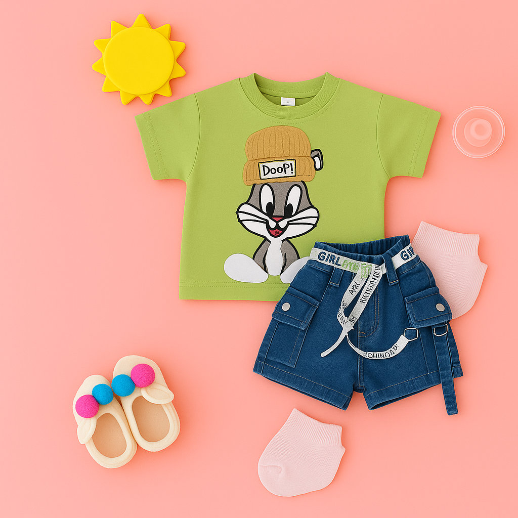 Mammason Cool Cartoon Bunny T-Shirt & Denim Shorts Set for Kids – Urban Play Edition