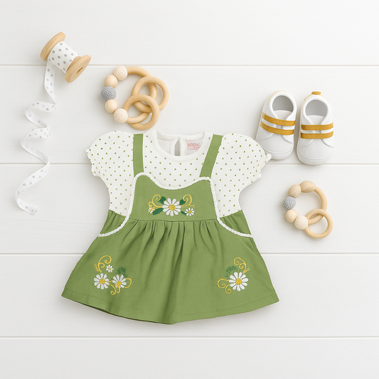 Mammson Olive Green Overall Frock Dress with Floral Embroidery Set