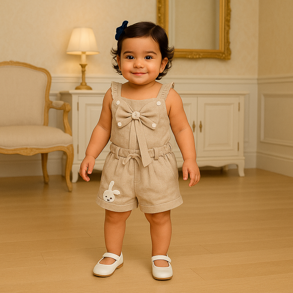 Mammason Beige Baby Girl Summer Co-Ord Set with Bow & Bunny Patch