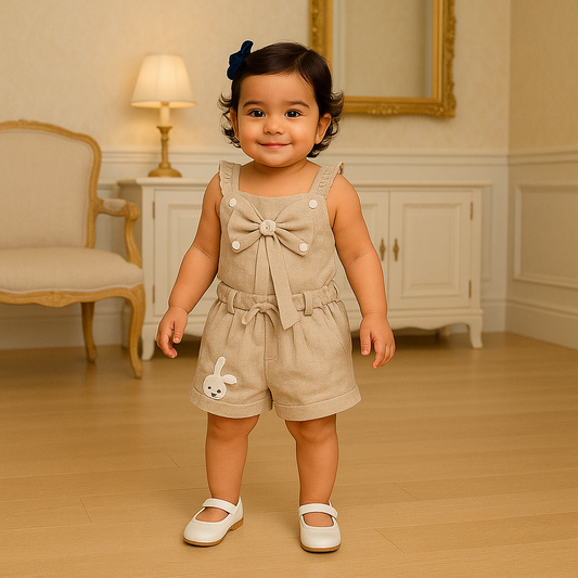 Mammason Beige Baby Girl Summer Co-Ord Set with Bow & Bunny Patch