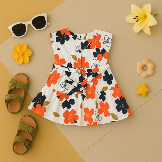 Mammson Colorful Floral Print Baby Frock with Belt
