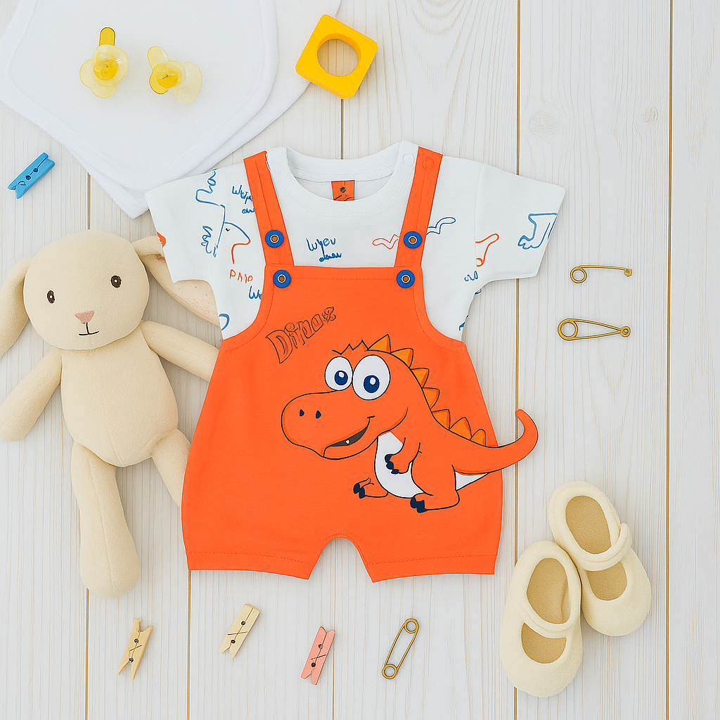 Mammason Little Dino Baby Dungaree & T-Shirt Set – Bright Orange Adventure