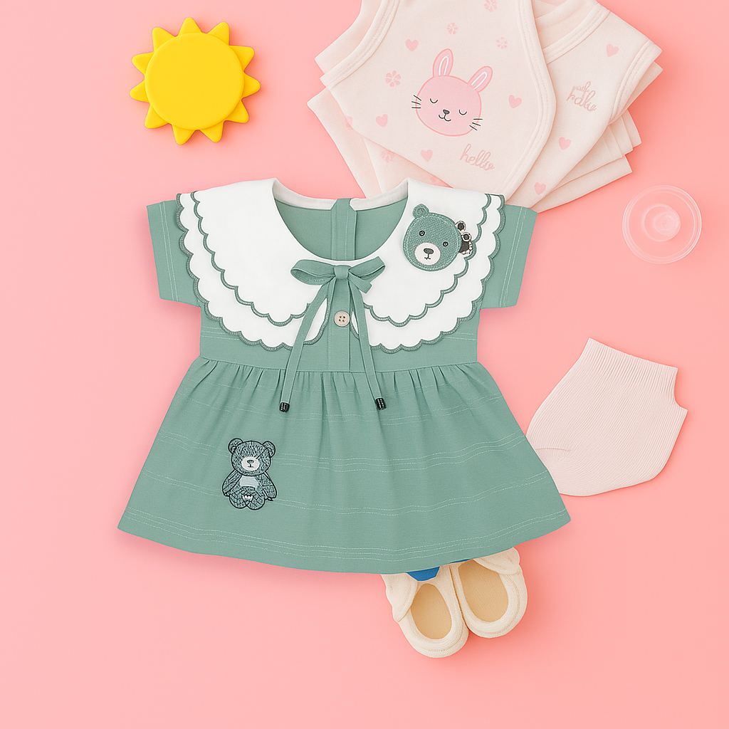 Mammson Mint Green Baby Frock with White Scalloped Collar and Bloomers