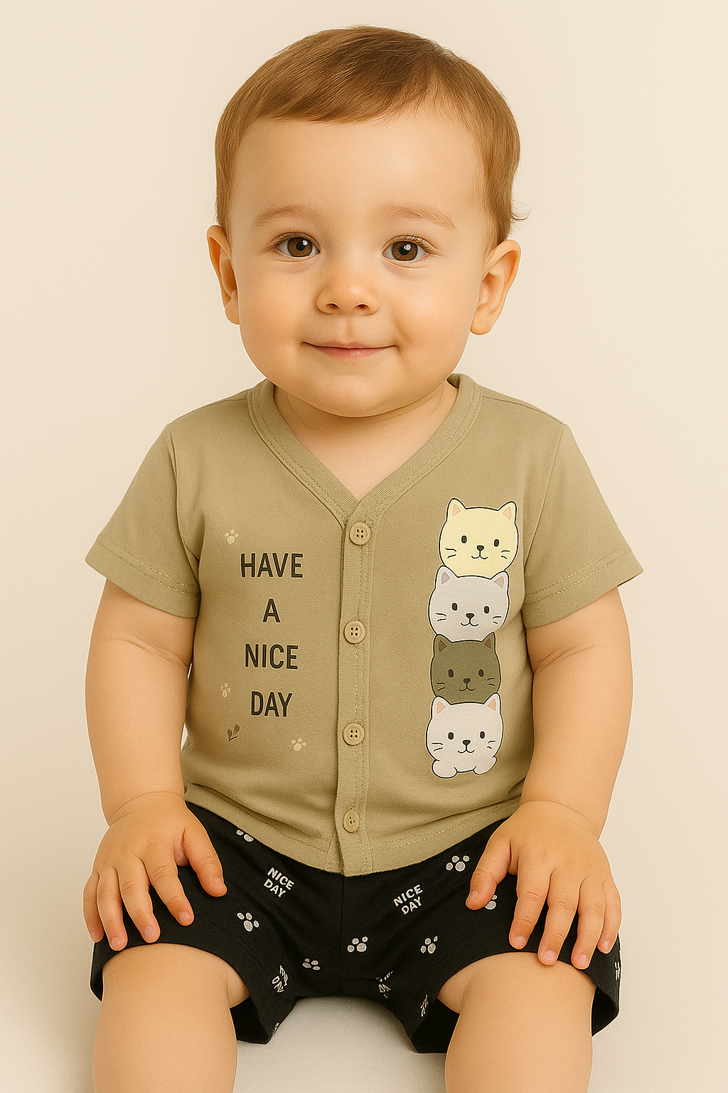 Mammason Cute Beige Baby T-Shirt with black shorts.
