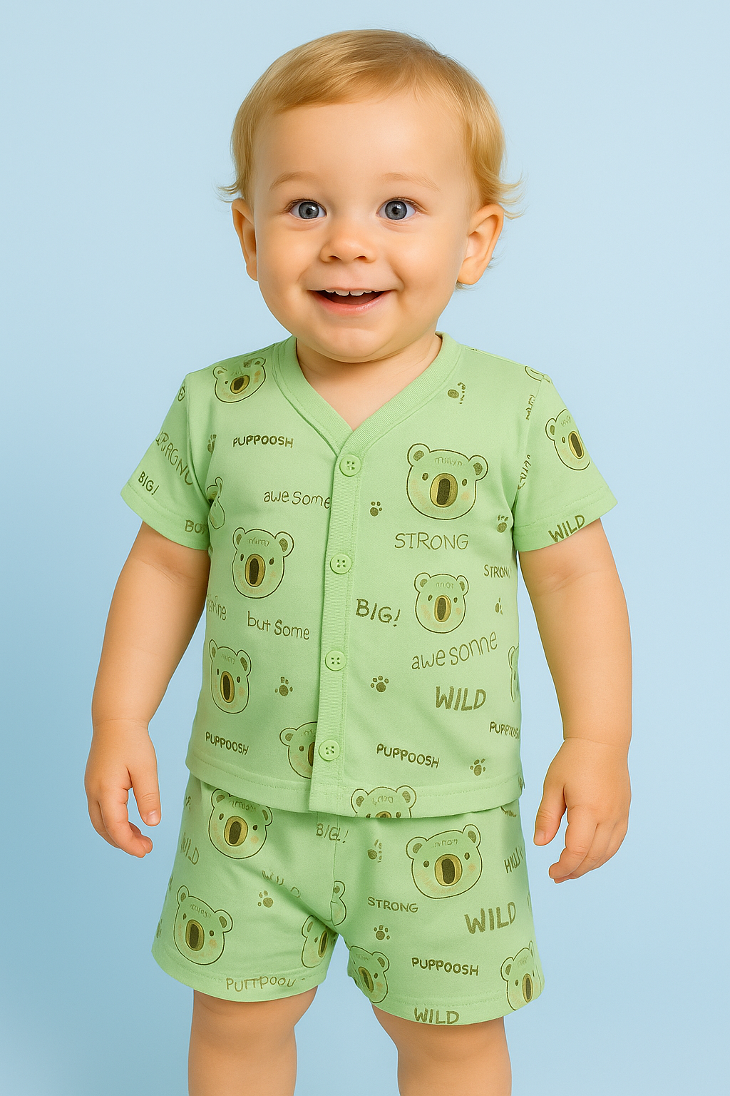 Mammason Adorable Bear-Themed Mint Green Baby Shirt & Shorts Set