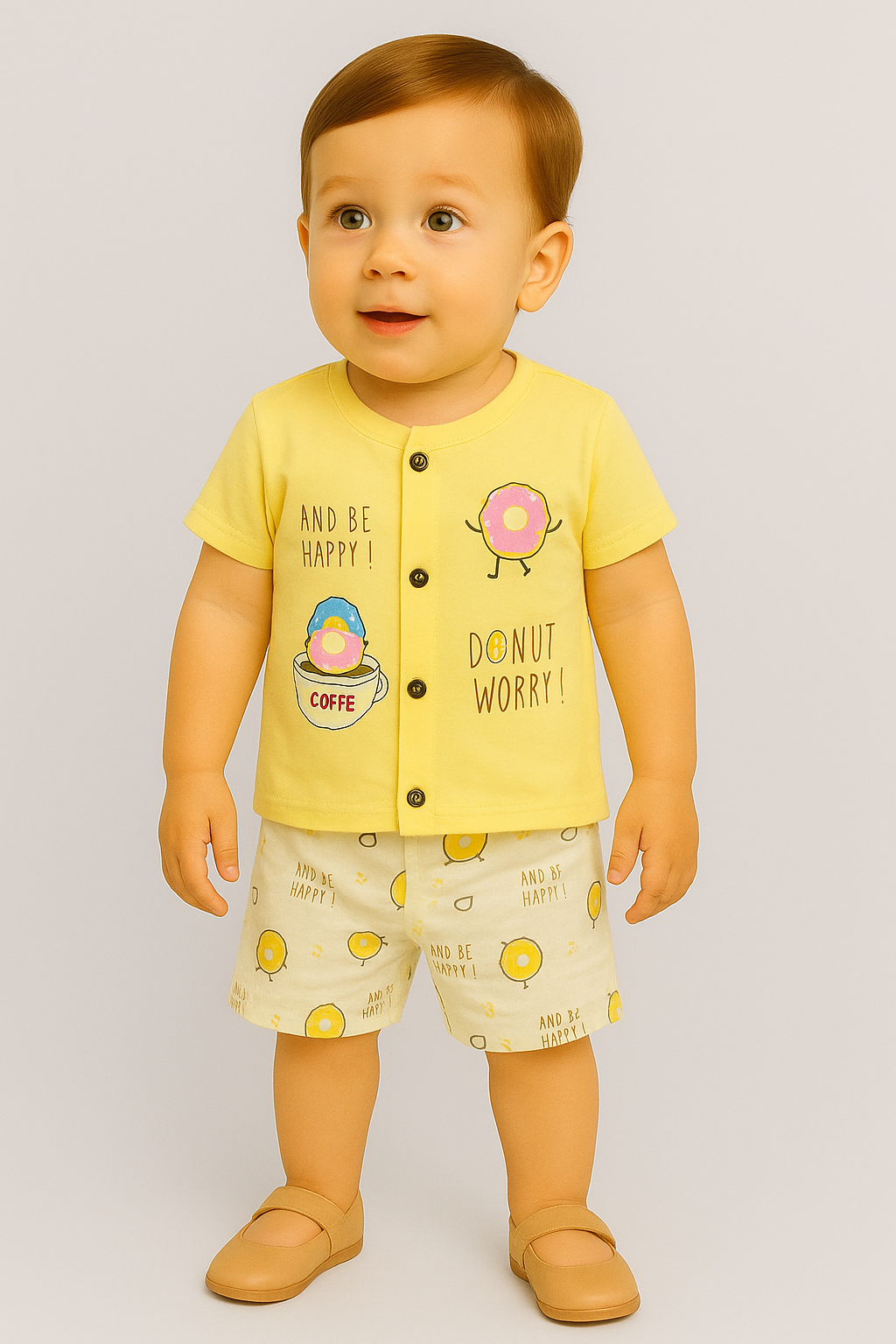 Mammason Yellow “Donut Worry” Baby Co-ord Set – Fun Printed T-Shirt & Shorts