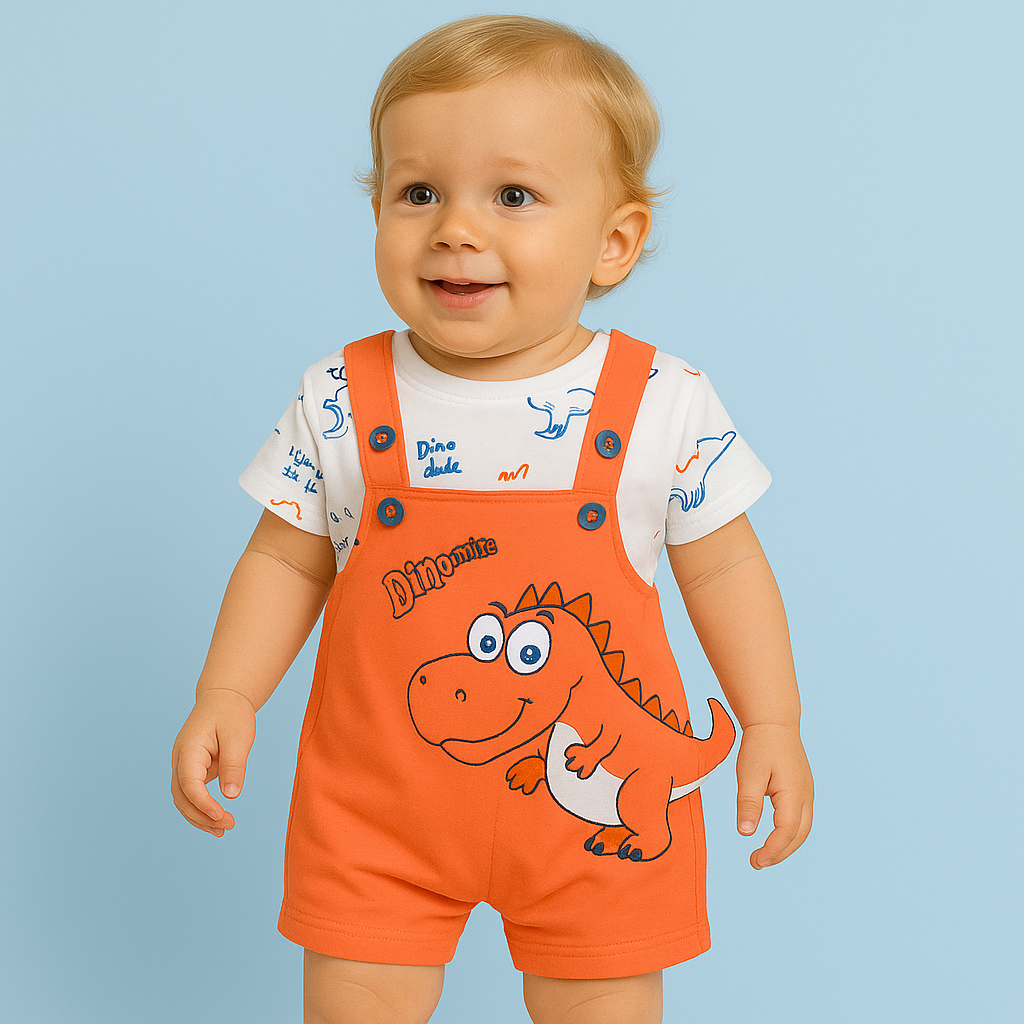 Mammason Little Dino Baby Dungaree & T-Shirt Set – Bright Orange Adventure