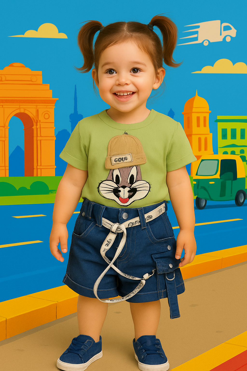 Mammason Cool Cartoon Bunny T-Shirt & Denim Shorts Set for Kids – Urban Play Edition