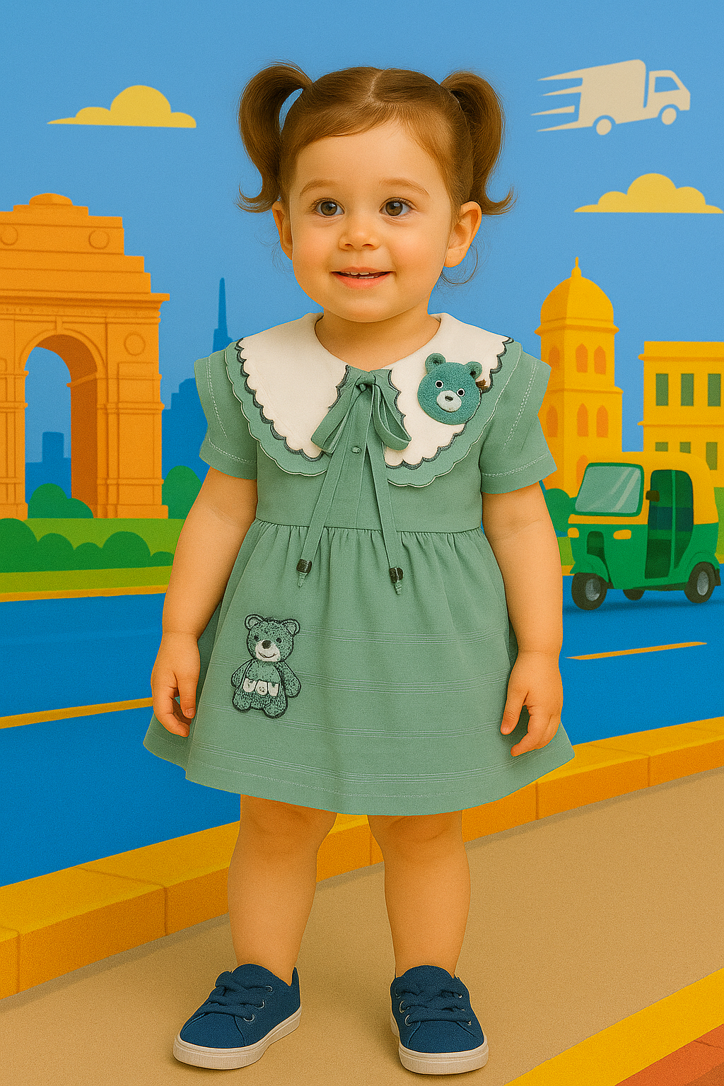 Mammson Mint Green Baby Frock with White Scalloped Collar and Bloomers
