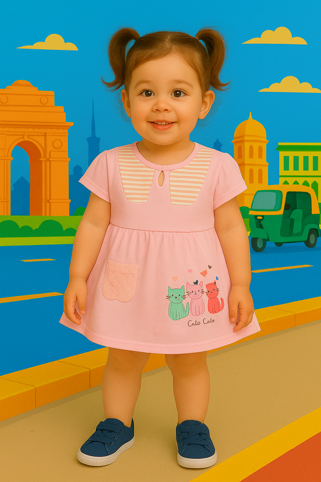 Mammason Cute Cats Baby Frock & Bloomer Set- pink