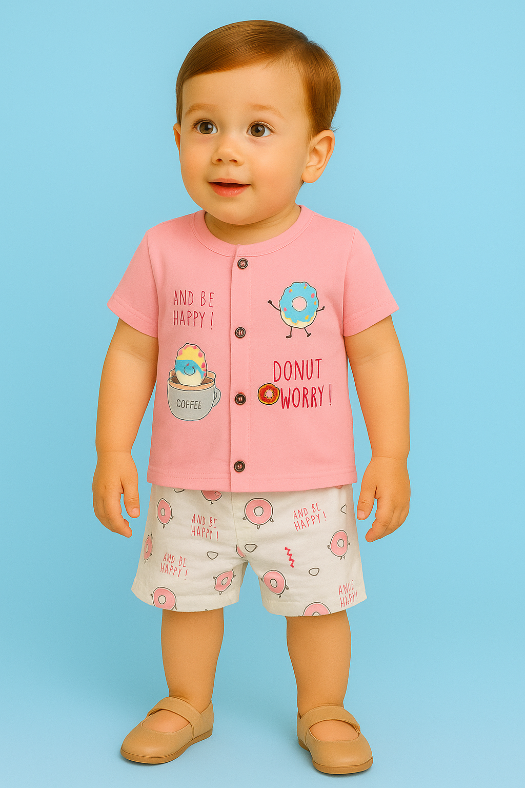 Mammason "Pink Donut Print Cotton Baby T-Shirt and Shorts Set