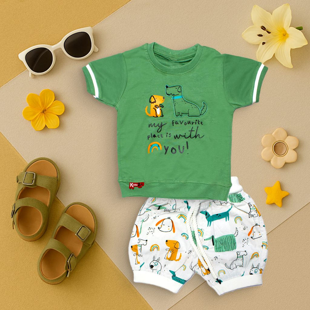 Mammason Dog Print T-Shirt & Shorts Set – Playful Green & White