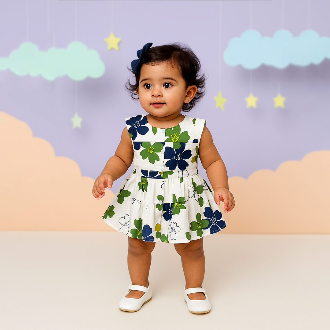 Mammason Girls’ White & Green Floral Cotton Frock – Sleeveless Party Wear